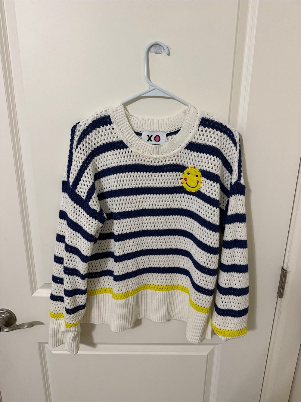 XO Striped Crew Sweater in White, Navy & Yellow Smiley